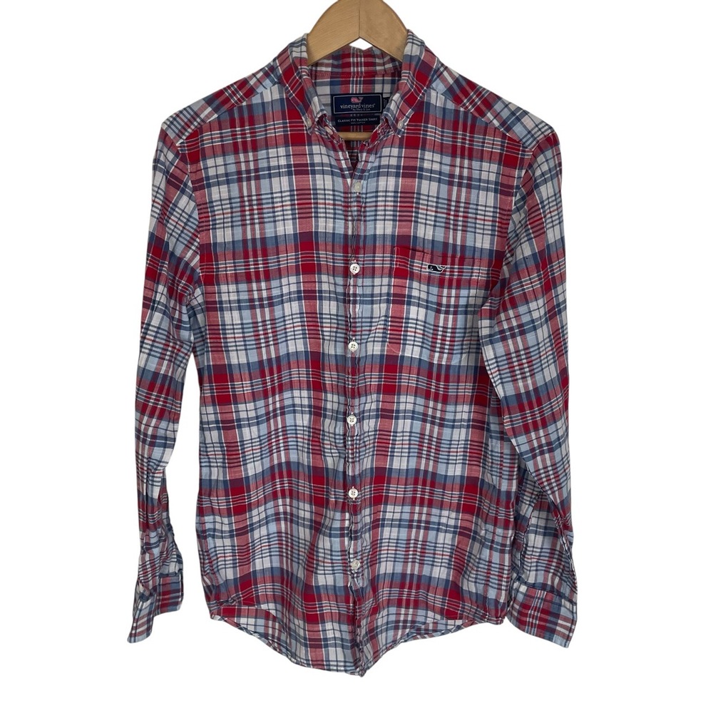 Vineyard Vines Red Blue Plaid Long-Sleeve Classic Fit Tucker Shirt Mens Small